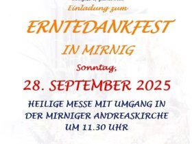 Erntedank im Gasthof Gutmann, 11 Uhr Messe in der Andreas Kirche anschließend Umgang mit Stationen 